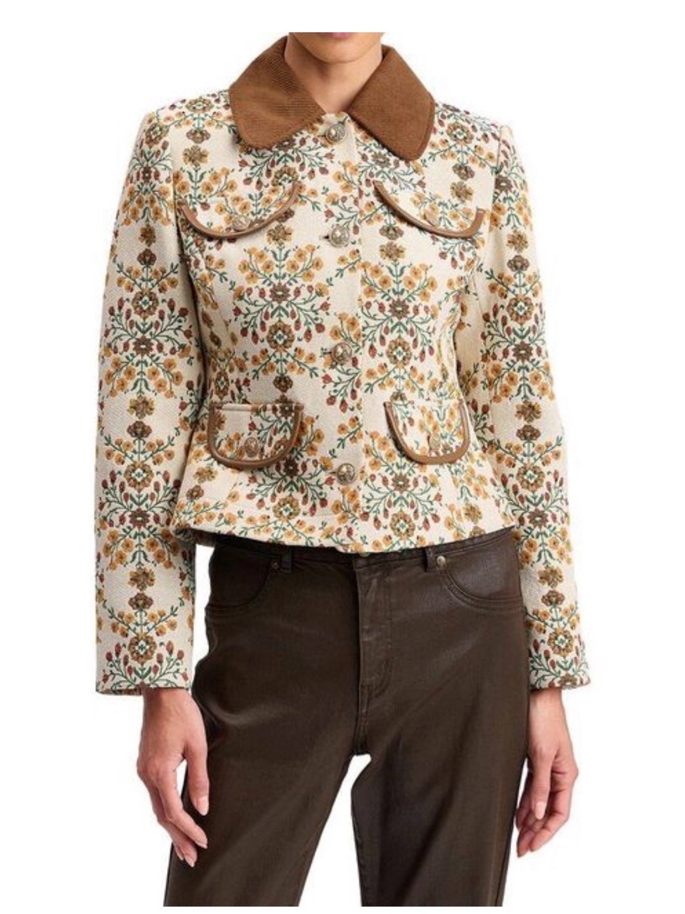 Avec Les Filles Cream Floral Tapestry Jacket with Brown Collar